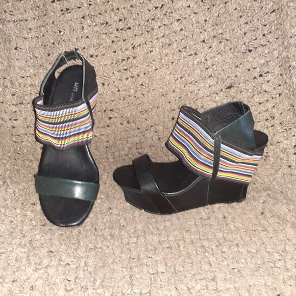 UNITED NUDE-Colorful Rainbow Elastic Strap-Black Leather Wedge-Sz 36-Excellent - Picture 1 of 8